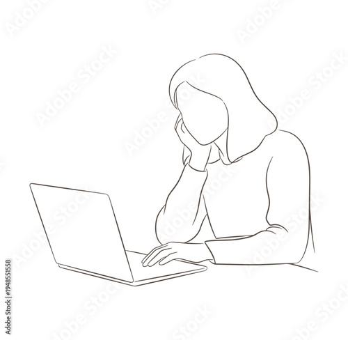 woman sitting with laptop and talking on phone in one line drawing style