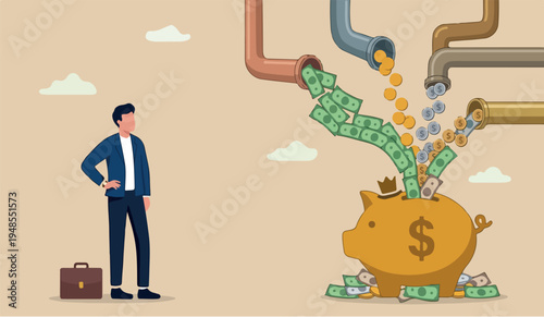 Multiple streams toin the of income, passive income or revenue from invest in multi assets, side hustles to make money concept, rich businessman standing with multi cash flow from pipe into wealthy