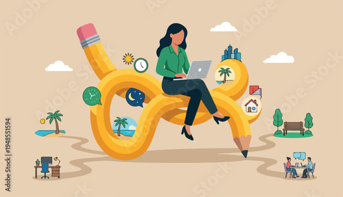 Flexible work, remote work anywhere anytime, employee choice time or location productivity creativity concept, cheerful woman enjoy working computer or laptop flex bent pencil