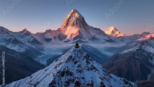 Silhouette of Meditator in Lotus Position on Snowy Himalayan Mountain Peak at Sunrise Wide Cinematic Shot of Yoga Practitioner in Serene High Altitude Landscape