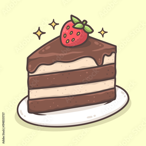 Slice of Chocolate Cake with Strawberry Illustration for icon, sticker and other uses.