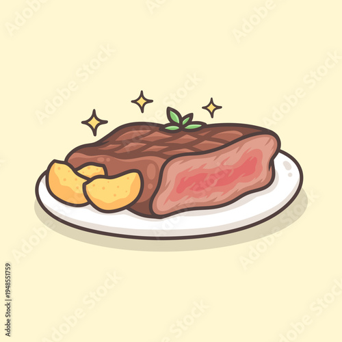 Grilled Steak with Potato Slices Illustration for icon, sticker and other uses.