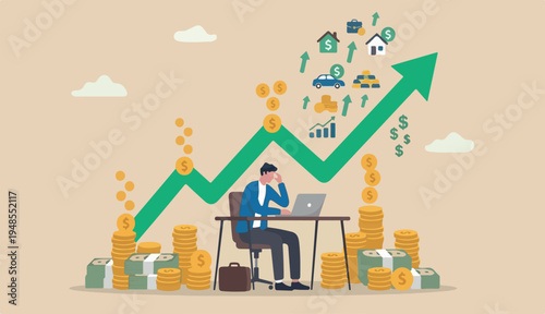 Revenue growth or investment profit increase earning wealth accumulate, growing income or financial analysis concept, businessman working computer laptop dollar to sign money with rising graph