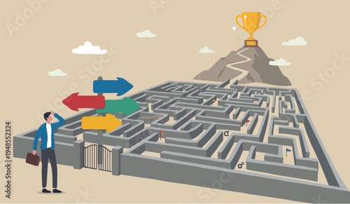 Path management improvement development chart assessment project businessman finding the way in labyrinth to reach target