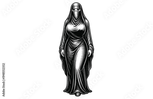 Portrait of a Woman Wearing Traditional Niqab and Abaya Engraving Style Vector
