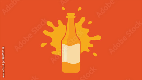 A flat design illustration of a single orange beer bottle centered against a vibrant liquid splash on a solid warm orange backdrop.