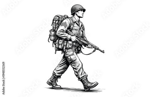 Illustration of a WWII Soldier Marching with Rifle and Gear Engraving Style Vector