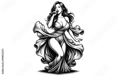 Glamorous Female Singer Performing in Flowing Dress Engraving Style Vector