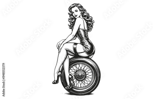 Retro Pin-Up Girl Sitting on a Classic Wire Tire Engraving Style Vector
