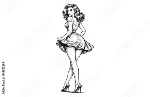 Classic Pin-Up Girl in Flowing Dress Looking Back Engraving Style Vector