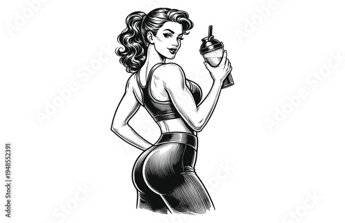 Fitness Woman Holding a Protein Shake Engraving Style Vector
