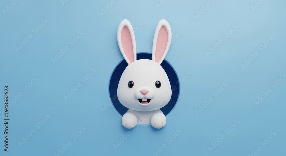Obraz premium A cute white cartoon rabbit peeking out of a circular hole on a soft light blue background surface