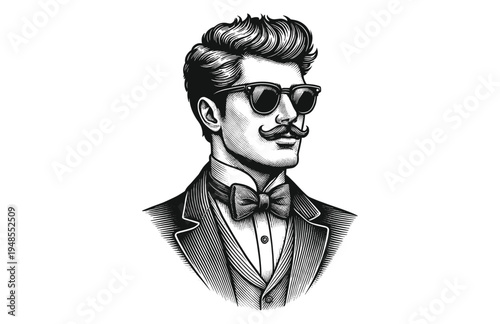Portrait of a Dapper Gentleman with a Mustache, Bow Tie, and Sunglasses Engraving Style Vector