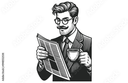 Illustration of a Dapper Man Drinking Coffee and Reading a Newspaper Engraving Style Vector
