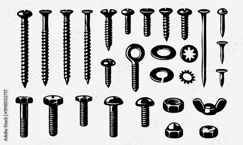 Silhouettes of construction fasteners: screws, bolts, nuts, nails and washers isolated on white background.