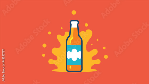 A professional graphic of a brown beer bottle with a blue label positioned against a yellow liquid splash and bubbles on a warm red background.