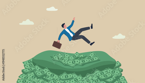 Insurance, reserve money or emergency fund on business failure, mistake accident, compensation money into support cushion concept, fail businessman falling huge or money banknotes safety cushion