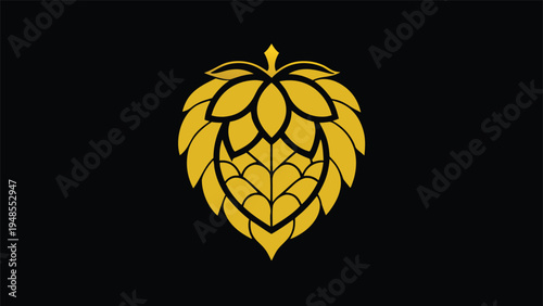 A single stylized golden yellow hop cone with thick black outlines is centered on a solid black background as a flat vector graphic.