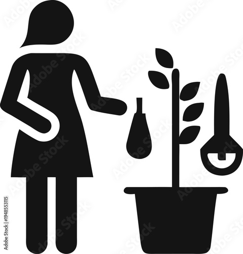 Woman diligently watering a vibrant potted plant using a small watering can