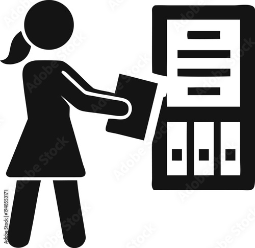 Woman holding a document interacting with a tall filing cabinet display for organized information