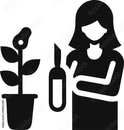 Woman holding a gardening tool next to a thriving potted plant, symbolizing cultivation