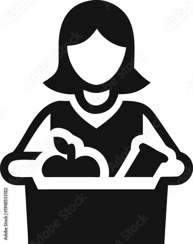 Woman holding a large basket filled with various fresh food items and market purchases