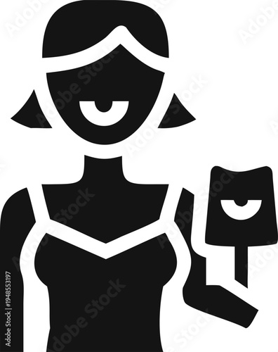 Woman holds a theatrical mask with a sad expression while partially covering her face