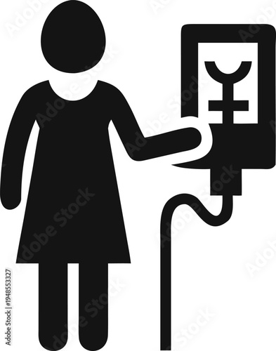 Woman standing next to an intravenous drip with a Japanese Yen currency symbol for healthcare finance