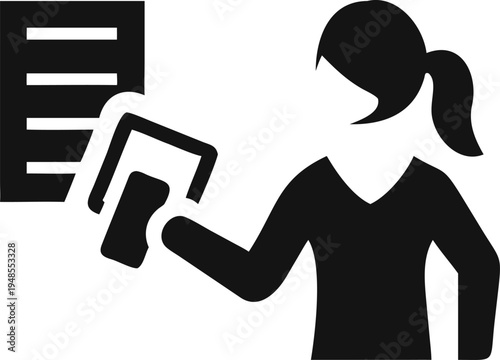 Woman uses a rubber stamp to approve an official document or important paper form