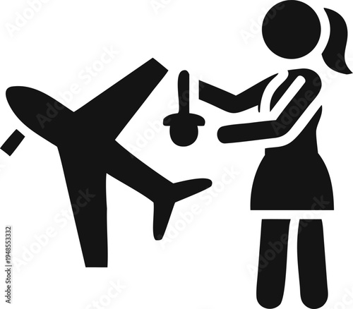 Woman with pacifier standing beside an airplane, representing family travel with infants