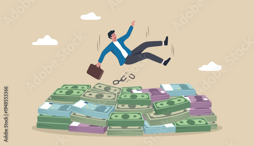 Insurance, reserve money or emergency fund business failure, mistake accident, compensation money support in cushion concept, fail businessman falling huge or money banknotes safety cushion