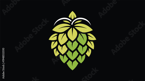 A green layered hop cone illustration featuring white accents on the top leaves and various shades of foliage against a solid black background.