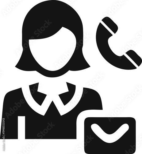 This image shows a professional woman with icons for a telephone call and an email message