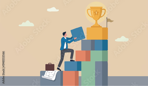Building to the for on in of this ladder to success, strategy and plan to growing and achieve target or goal, ambition and aspiration concept, businessman building ladder of success climbing to top