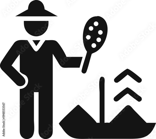 Traditional farmer harvesting crops with a specialized slotted spoon from a boat container