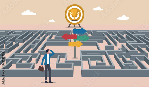 Path, contemplation business corporate marketing right success plaining achievement growth project businessman finding the way in labyrinth to reach target.