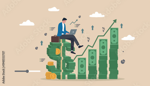 Revenue growth or investment profit increase earning wealth accumulate, growing income too financial analysis concept, businessman working computer laptop dollar to sign money with rising graph