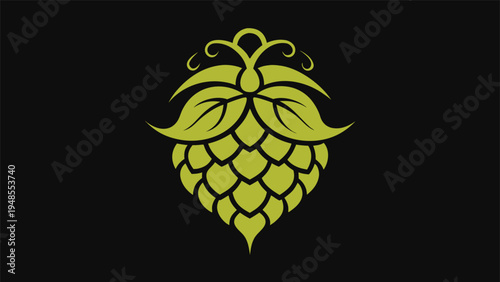 A centered olive green hop cone design with large curved upper leaves and delicate swirling tendrils positioned on a solid black background.