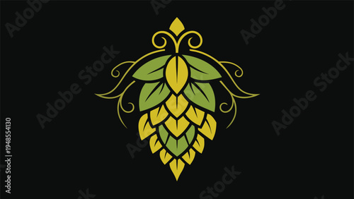 An intricate hop cone featuring green and yellow foliage surrounded by decorative golden swirls and filigree elements on a solid black background.
