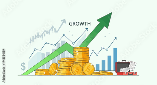 Financial growth represented by coins, charts, and an upward trend.