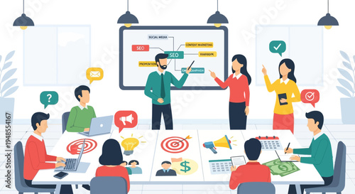 Business meeting and marketing strategy discussion with team collaboration.