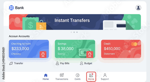Modern mobile banking application interface showing accounts and instant transfers.