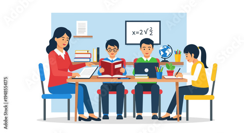 Teacher instructing students in a classroom setting.