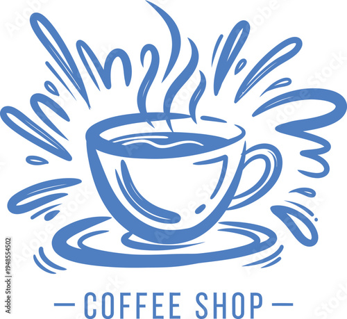 Stylized line art illustration of a steaming coffee cup on saucer