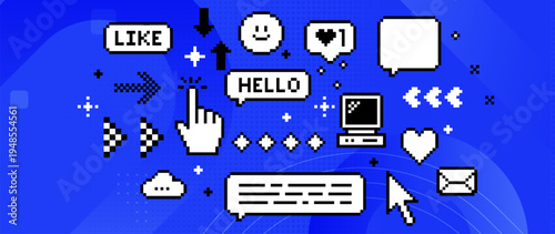 Pixel UI elements pattern with retro technology icons on blue background. 8 bit Y2K vintage user interface graphics. Personal computer, arrows, mouse cursor icon. Nostalgic digital tech backdrop