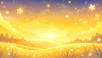 Foto auf Acrylglas Gelb A luminous, illustrated meadow glows under a starry, sunset sky  © ha
