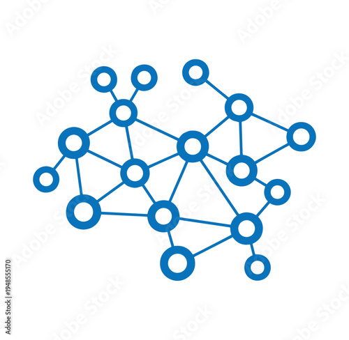 Blue molecular structure with connected nodes and lines on white background