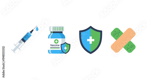Medical Syringe Bottle Shield Bandage Icons.