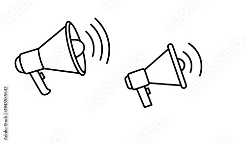A minimalist vector graphic of two megaphones with sound waves