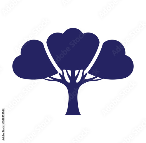 Dark blue silhouette of a tree with a thick trunk and rounded leafy canopy